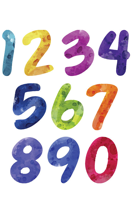 彩色水彩手绘创意数字0到9免抠元素