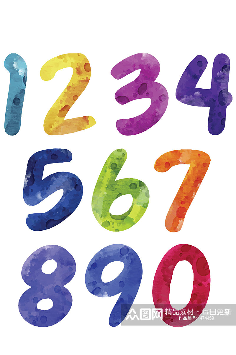 彩色水彩手绘创意数字0到9免抠元素素材