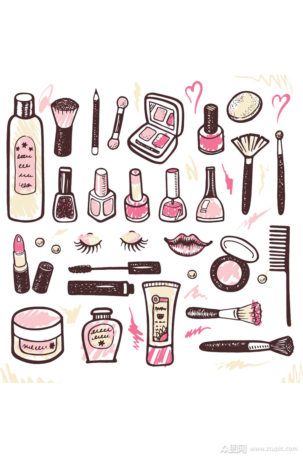 手绘插画涂鸦女性化妆品胭脂口红免抠元素