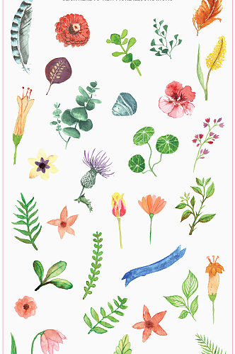 手绘水彩植物花朵绿叶于鏊飘带弓箭免抠元素