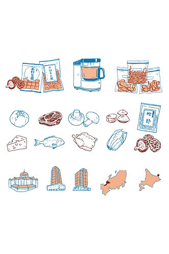 手绘插画可爱卡通零食甜点蔬菜海鲜免抠元素