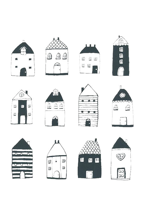 手绘插画建筑物卡通房子黑白免抠元素