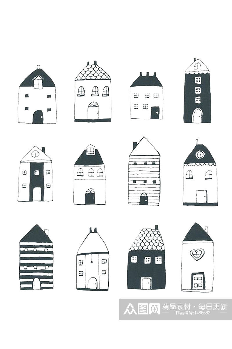 手绘插画建筑物卡通房子黑白免抠元素素材