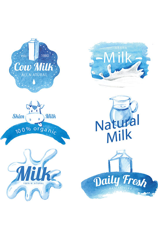 蓝色牛奶鲜奶奶牛标签矢量免抠元素