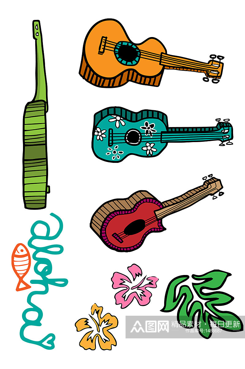 手绘插画音乐植物小吉他矢量免抠元素素材