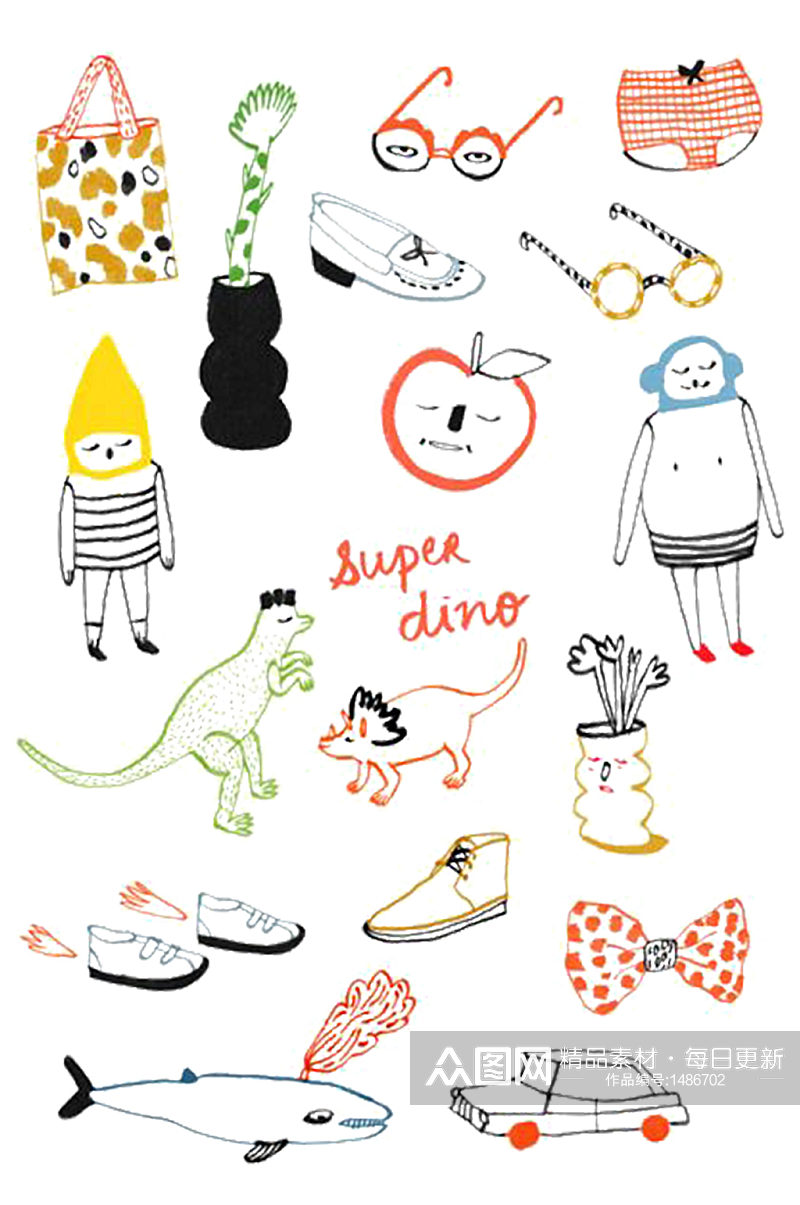 手绘插画涂鸦儿童人物动物线条抽象免抠元素素材