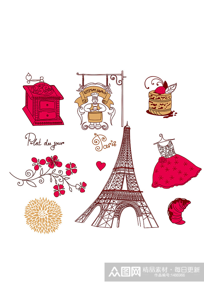 手绘插画红色巴黎风格免抠元素素材