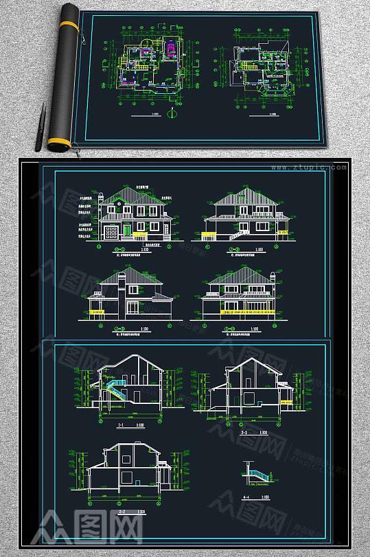 别墅建筑设计施工图-众图网