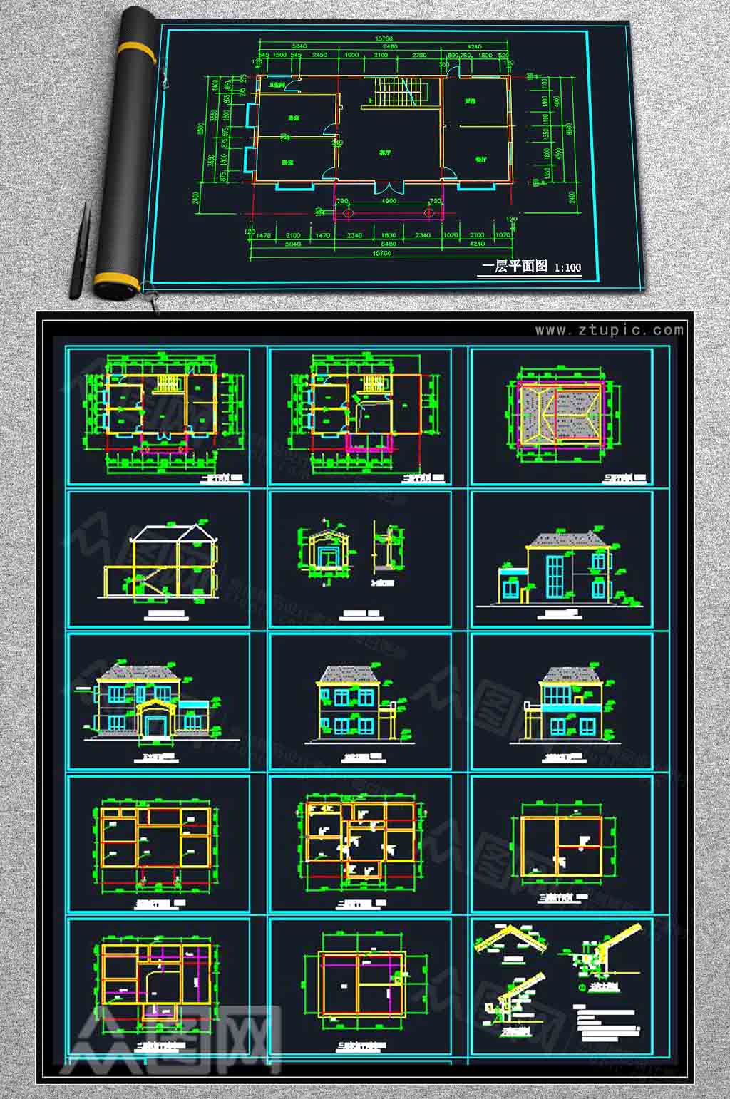 全套别墅建筑设计施工图模板下载-编号1571025-众图网