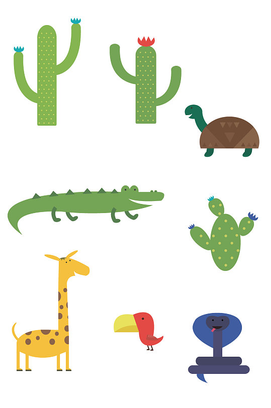 沙漠卡通动植物图案元素