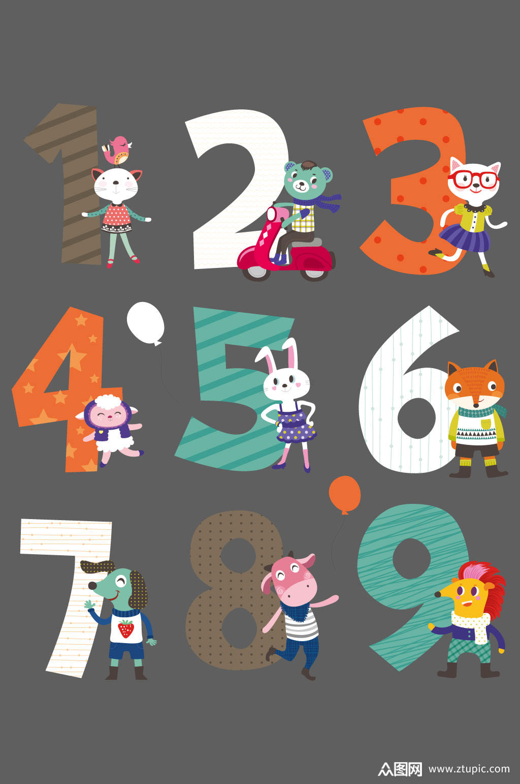 可爱卡通动物数字0-9字体