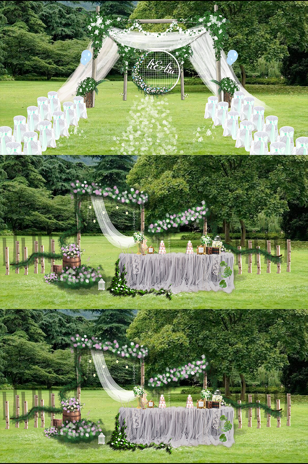 白色现代唯美草坪 农村室外户外婚礼布置效果图