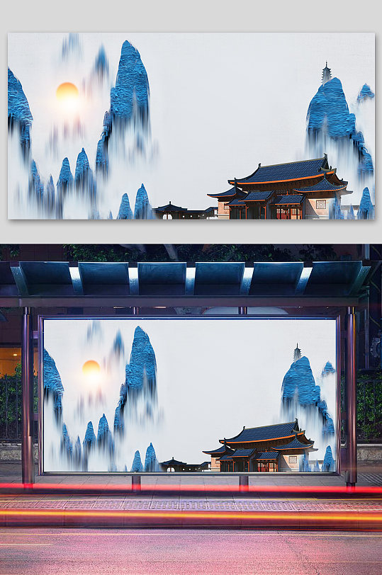 古代建筑抽象水墨