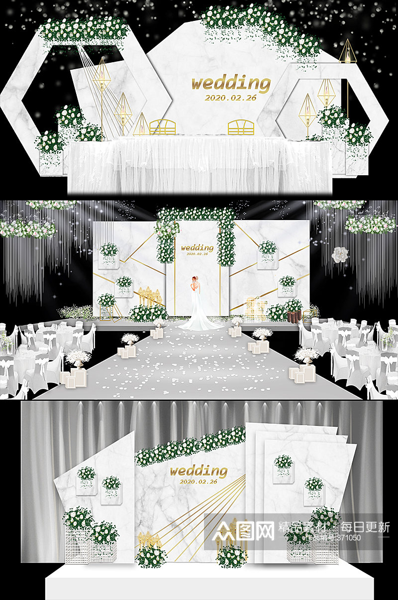 简约梦幻大理石白绿色婚礼布置设计效果图素材