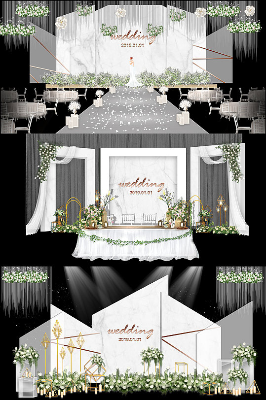 白色森系大理石婚礼背景效果图布置-众图网