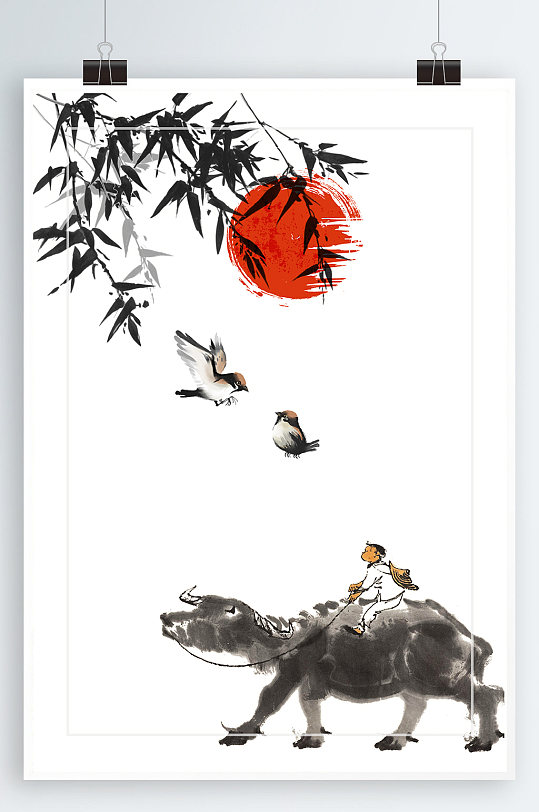 中式海报牧童放牛娃-众图网
