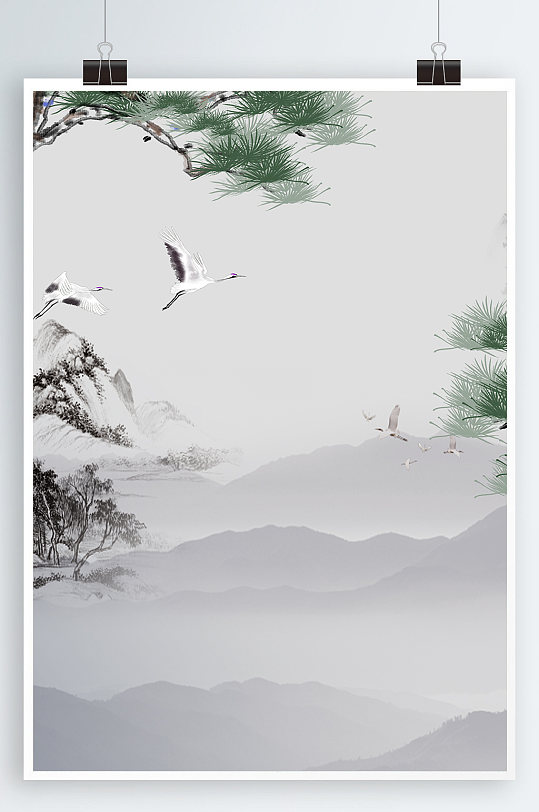 迎客松背景仙鹤山水