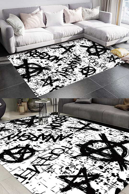 手绘黑白涂鸦地毯图案