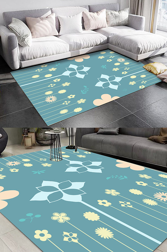 小清新绿色地毯图案客厅地毯-众图网