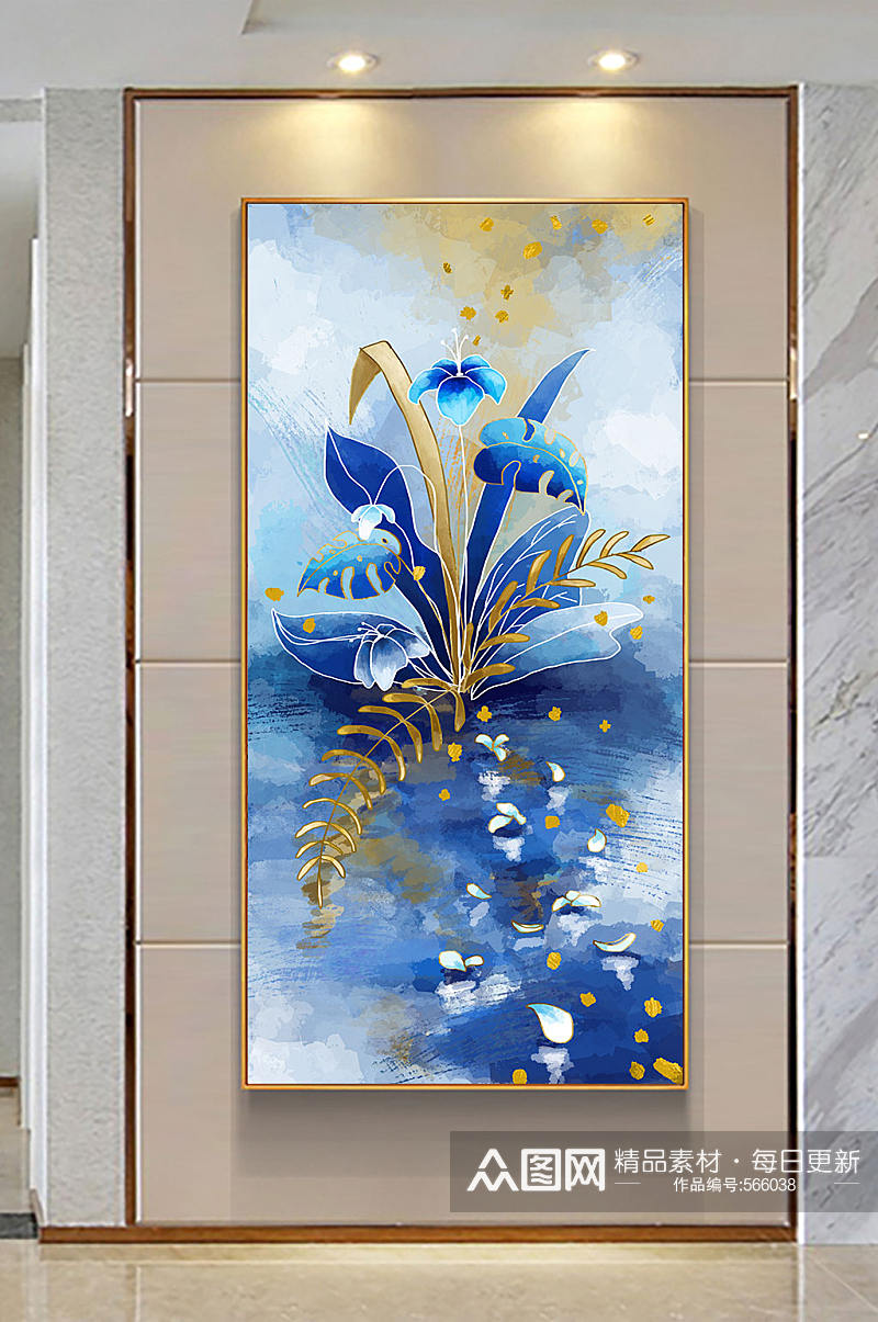 蓝色花卉玄关装饰画素材