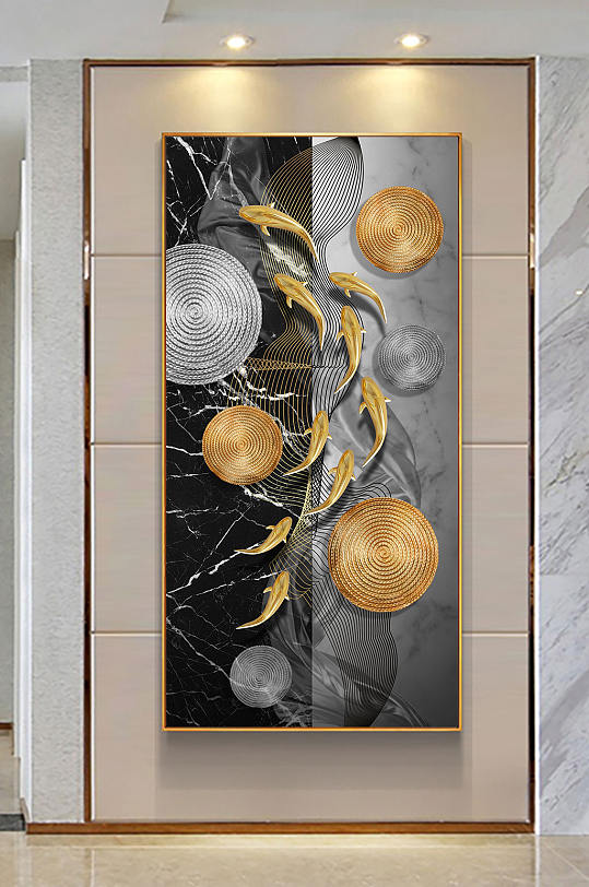 九鱼图大理石玄关画