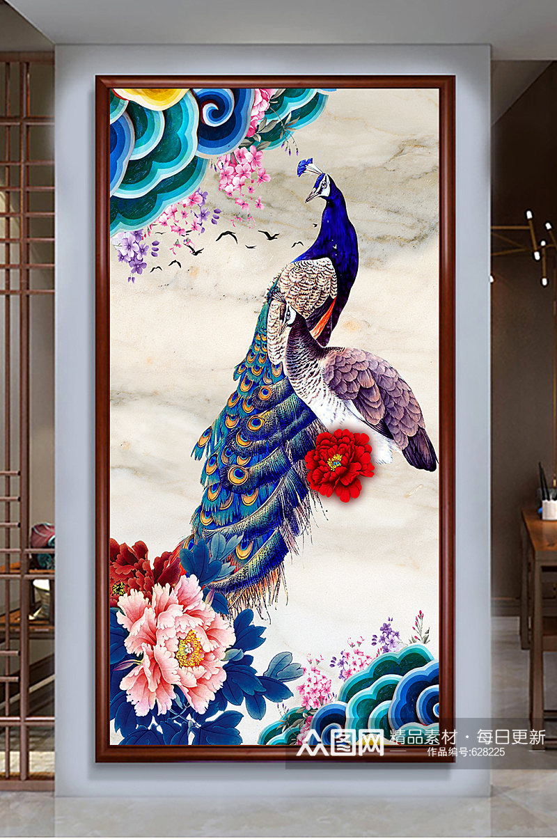 中式孔雀牡丹玄关装饰画素材