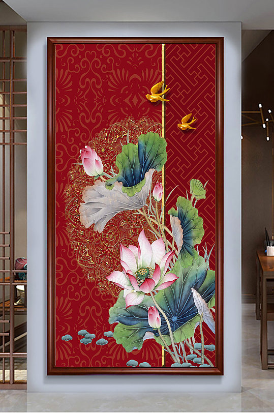 中式荷花图玄关画-众图网