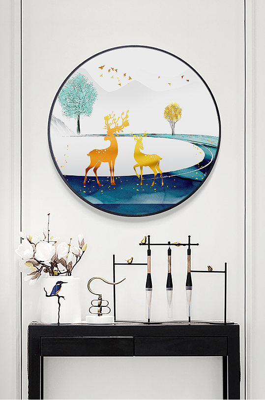 圆形装饰画发财鹿装饰画