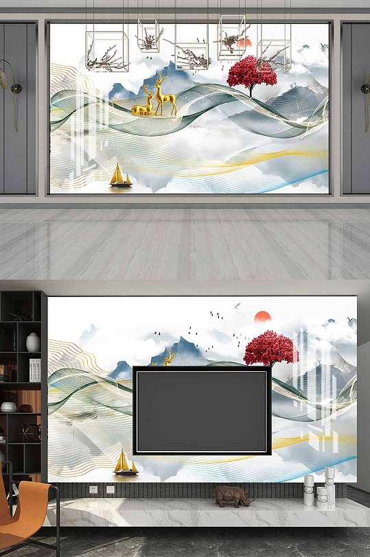 新中式线条山水背景墙-众图网