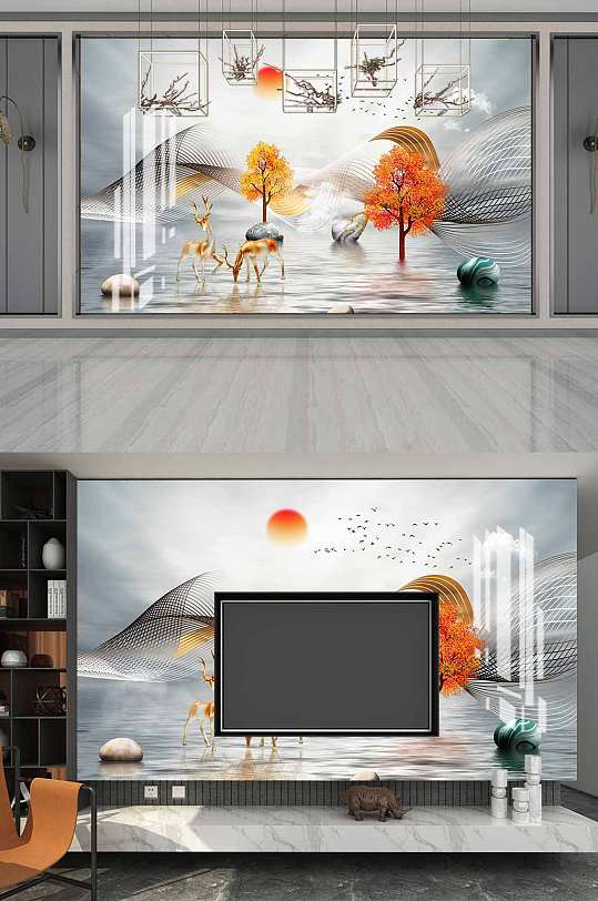 新中式抽象山水背景墙-众图网