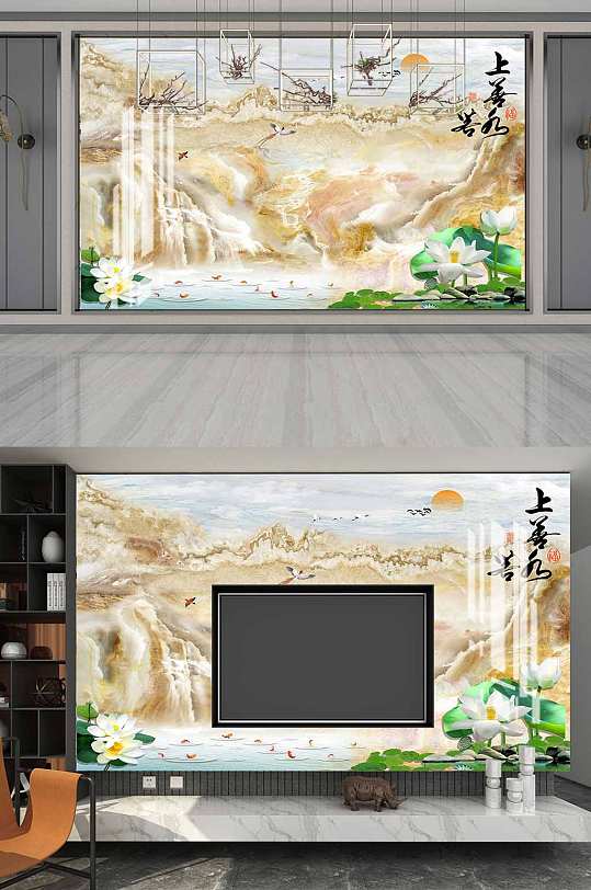 流水生财大理石山水背景墙-众图网