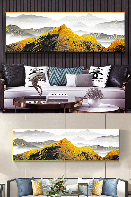 黑白金色高山意境装饰画-众图网