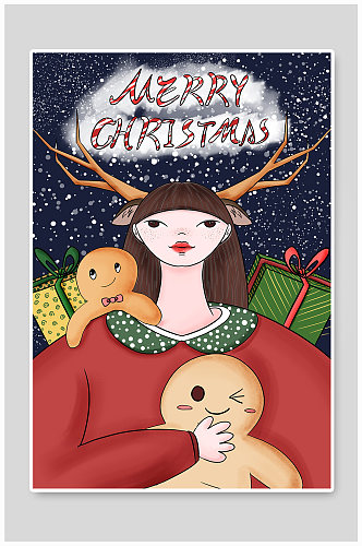 圣诞节麋鹿浆果少女海报