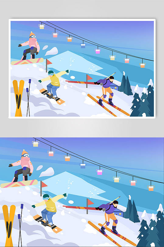 扁平化室外冬季滑雪人物插画