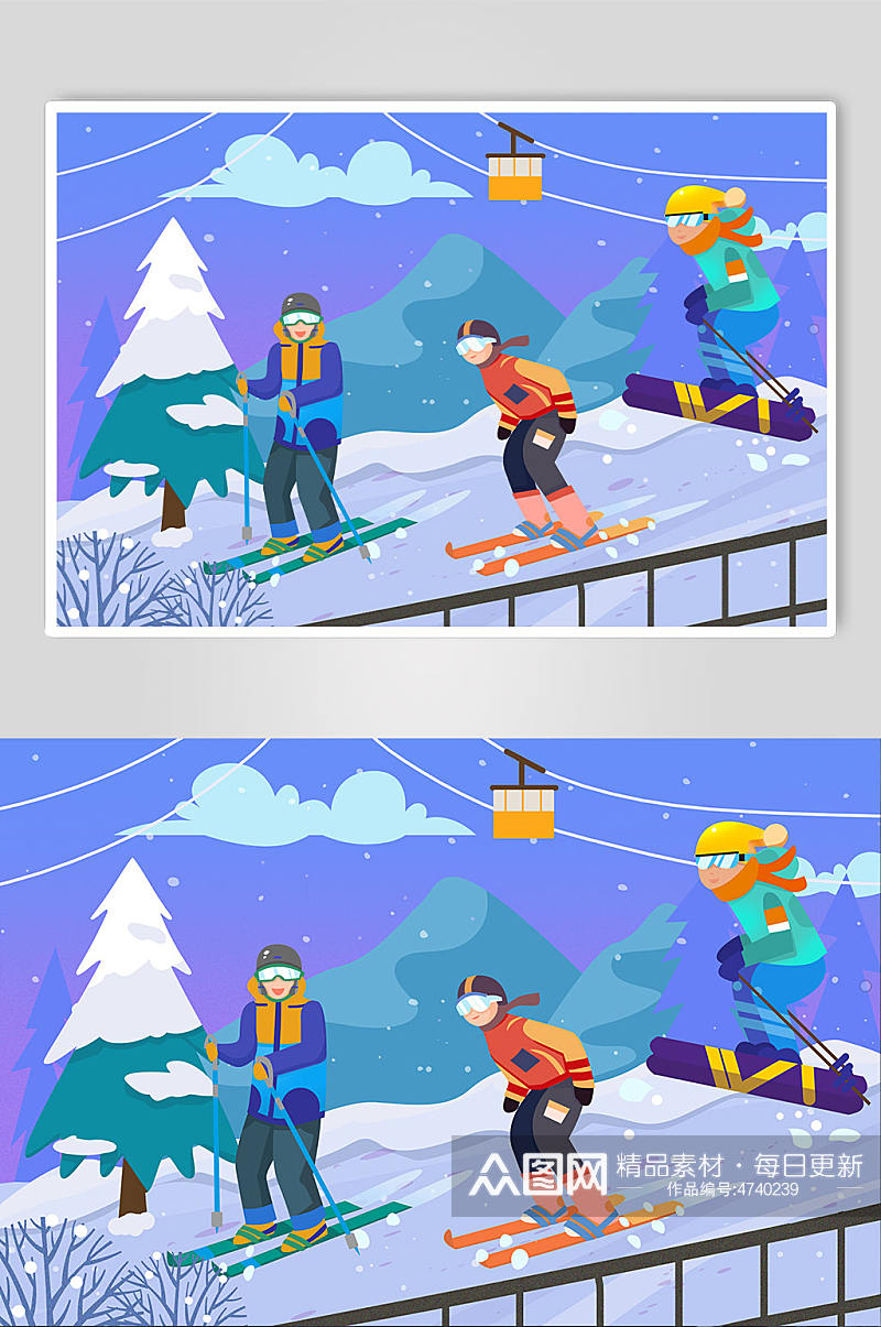 扁平化室外冬季滑雪人物插画素材