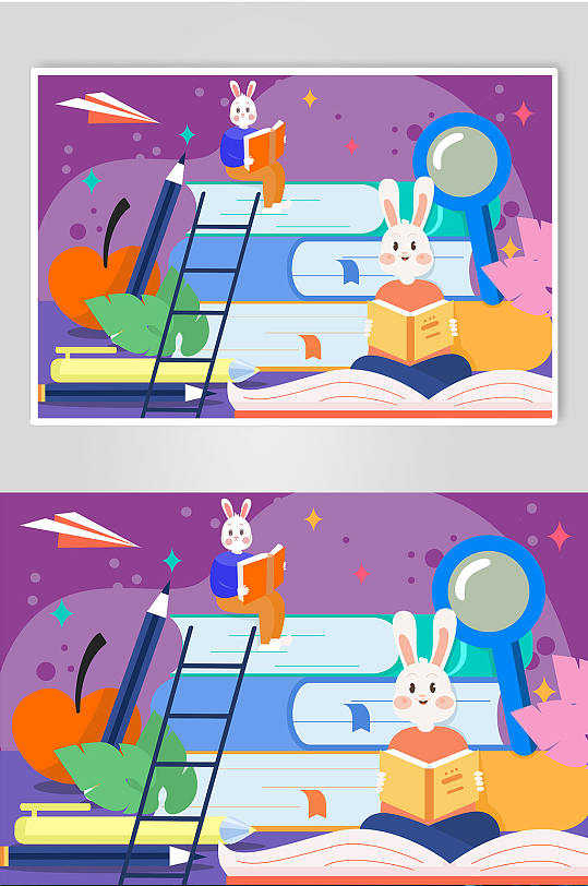 童趣可爱校园兔子学习人物插画