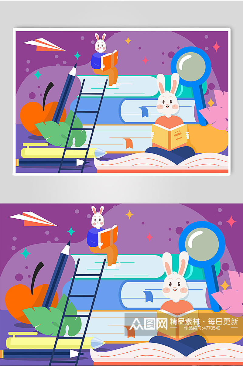 童趣可爱校园兔子学习人物插画素材