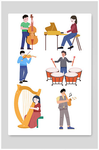 扁平化大提琴架子鼓钢琴玩乐器人物元素插画