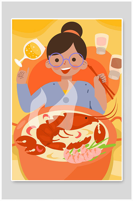 扁平化小龙虾美食人物插画
