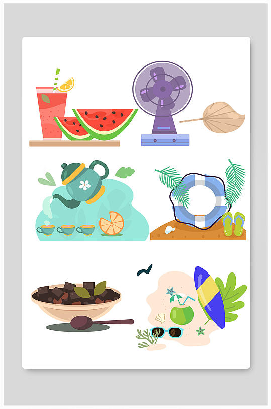 烧仙草伏茶西瓜大暑节气夏季元素插画-众图网