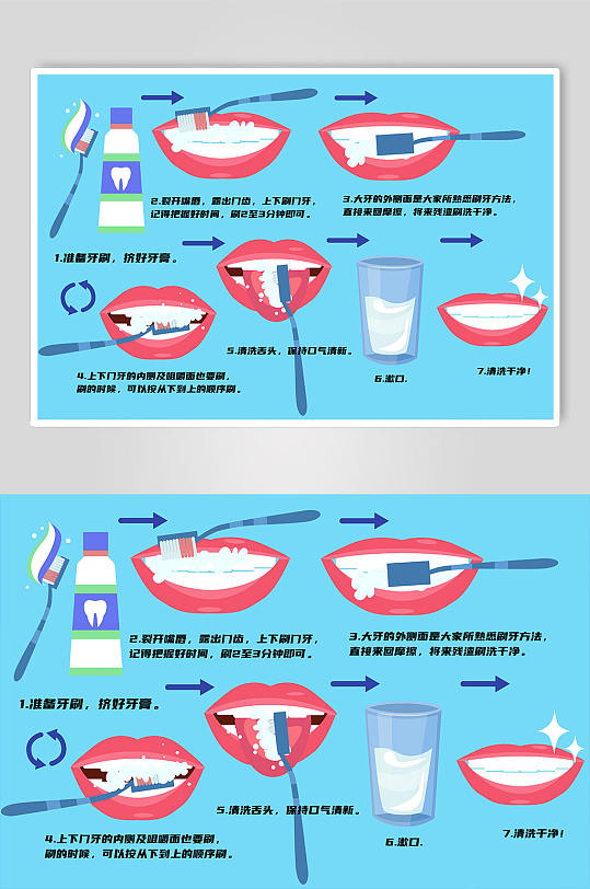 蓝色清新清洁口腔刷牙方式科普插画