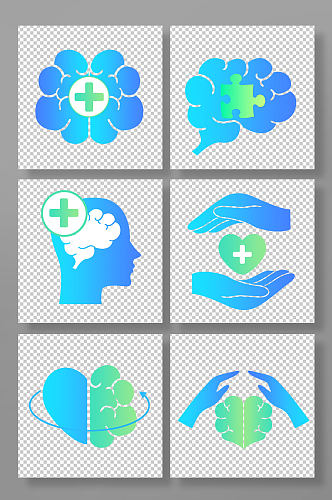 扁平化蓝色心理精神健康大脑元素插画