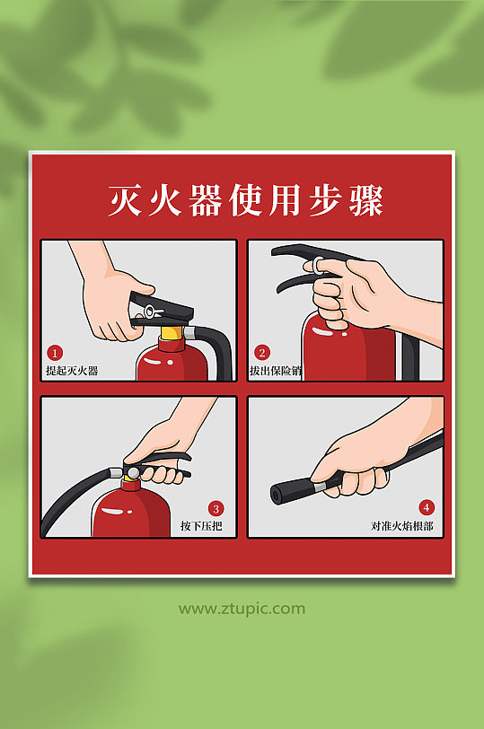 红色卡通灭火器使用步骤元素插画-众图网