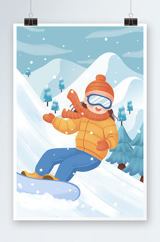 可爱女孩冬季滑雪人物插画