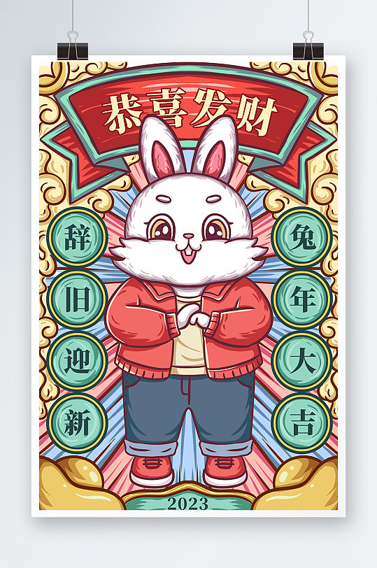 恭喜发财2023兔年国潮风插画