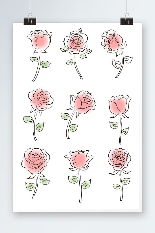 粉色线性矢量AI玫瑰花卉插画元素