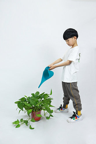 绿色植物浇水男孩学生儿童节人物摄影照片