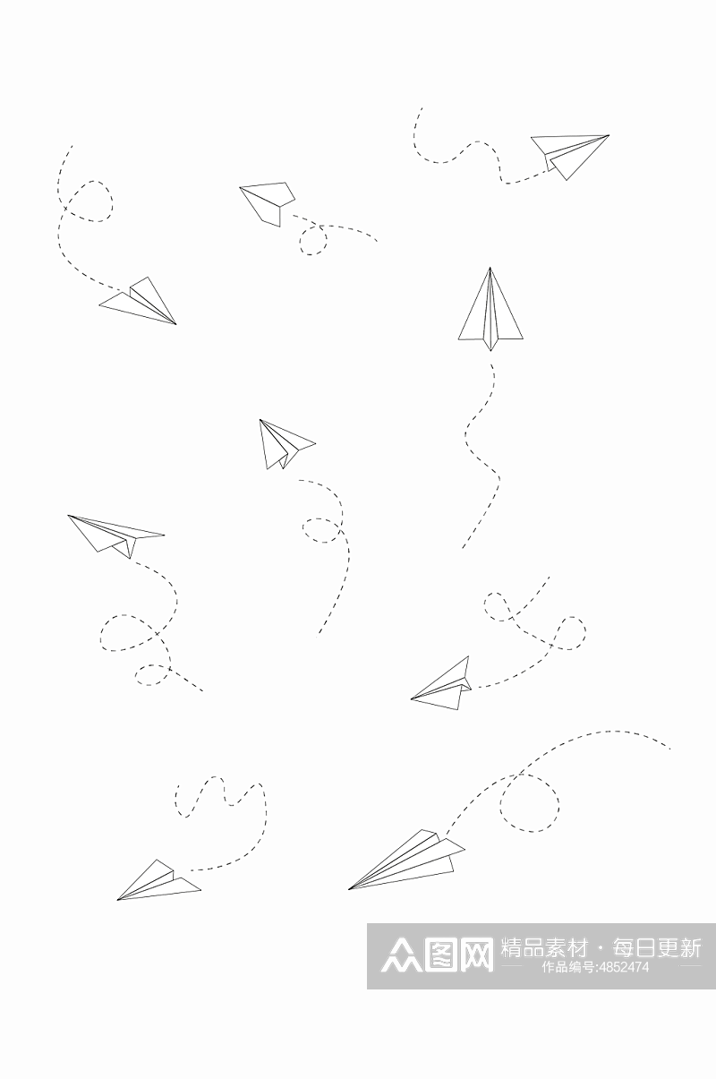 黑白描边卡通纸飞机插画元素素材