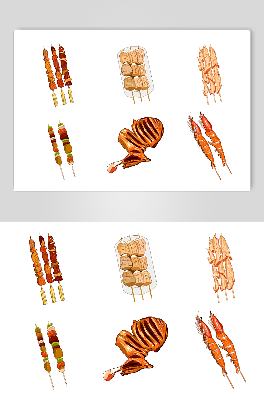 手绘龙虾烤翅烧烤串串美食元素插画
