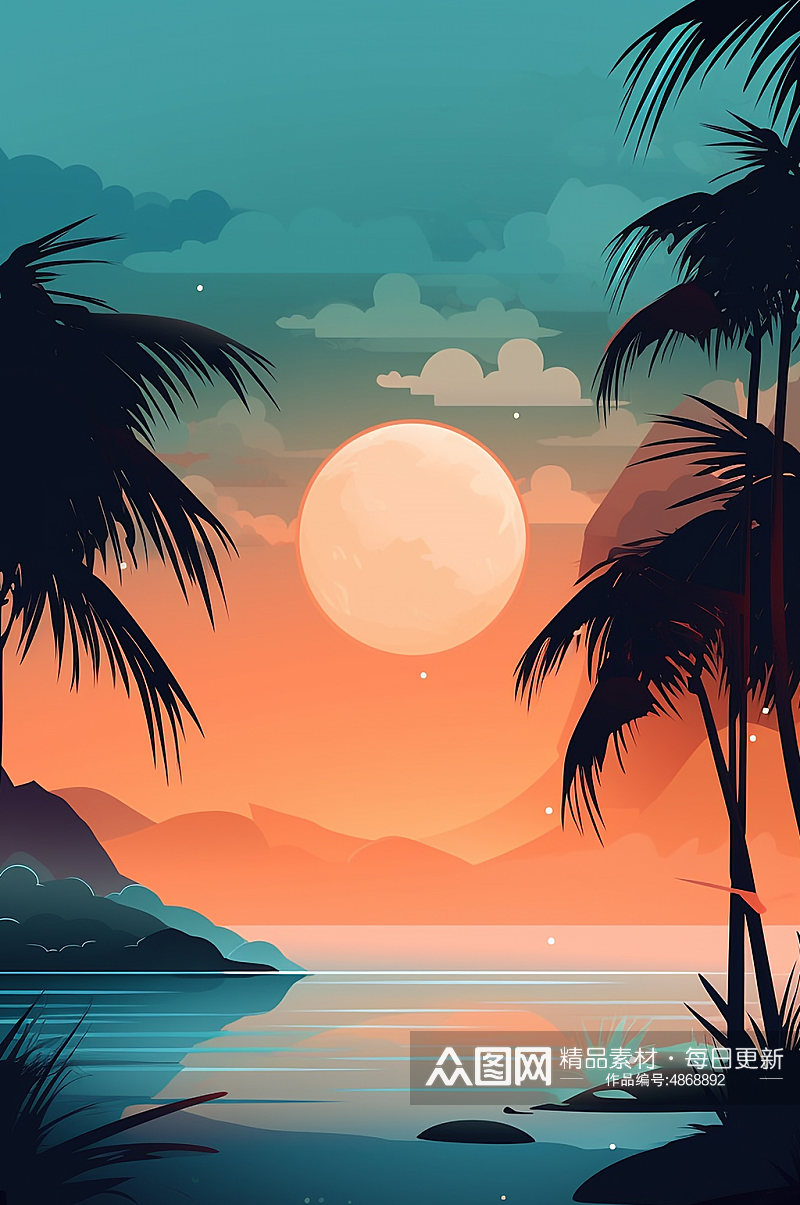 AI数字艺术夕阳日落扁平风夏季海边插画素材